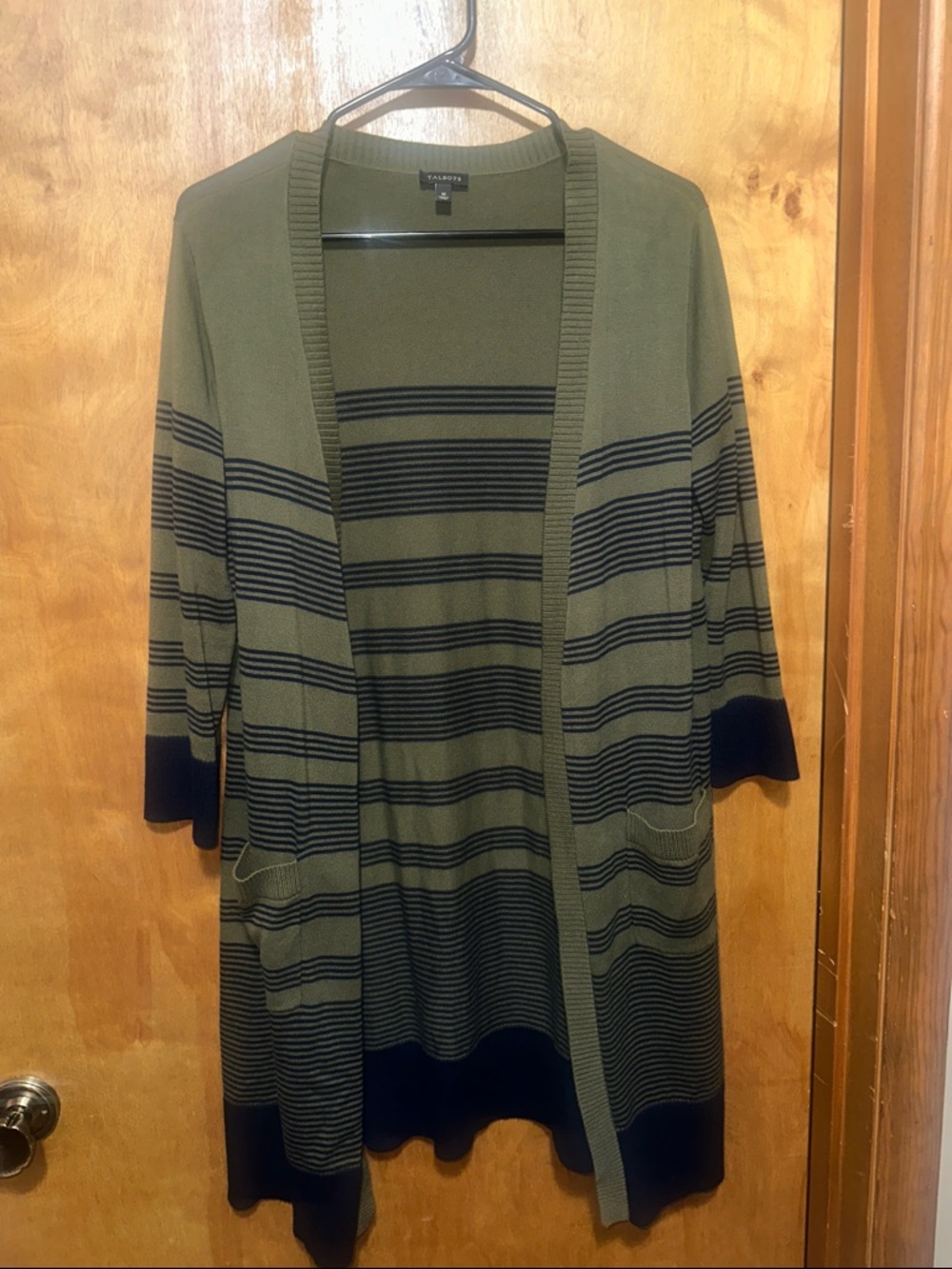 Talbots Olive and Navy Striped Open-Front Cardigan